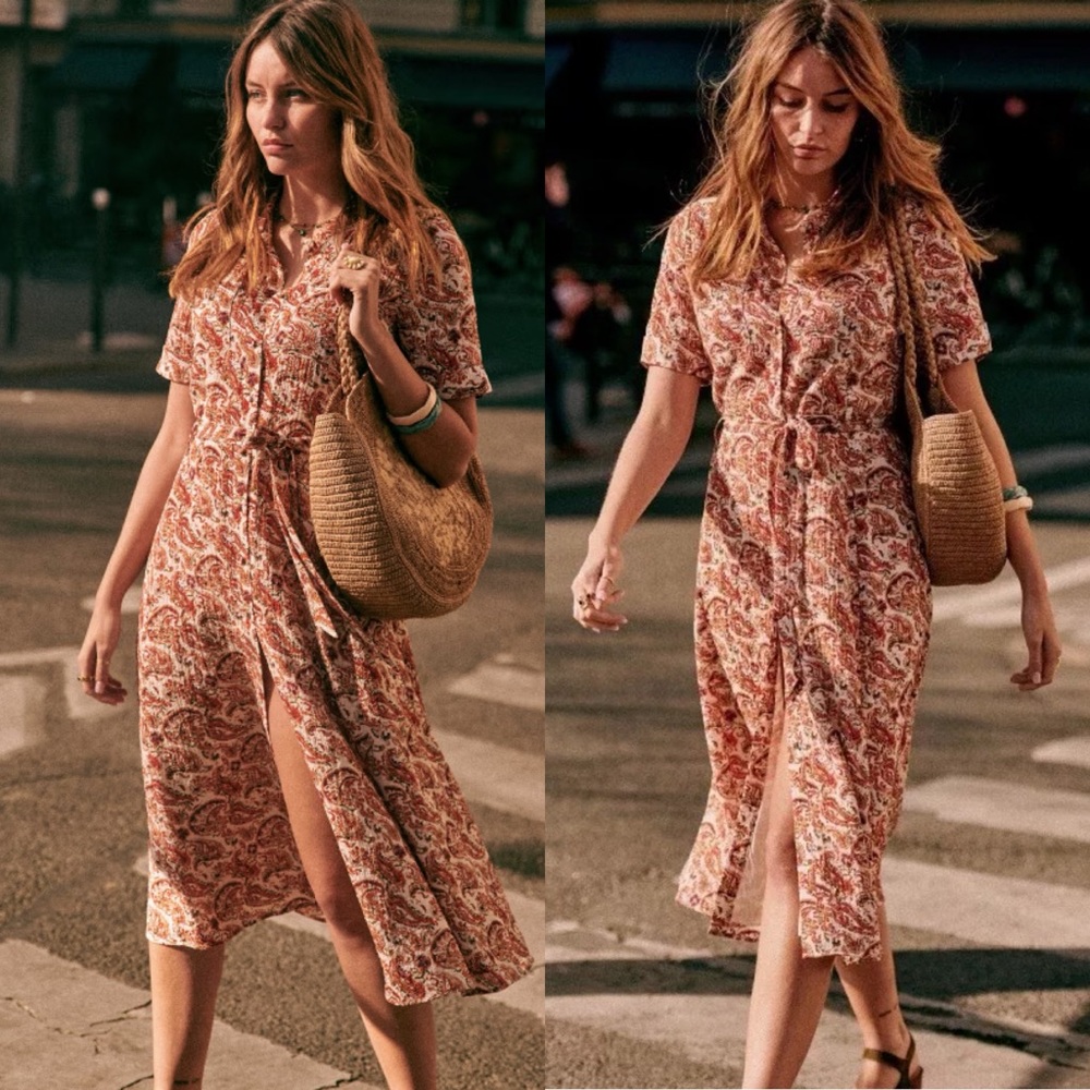 Sezane Robe Nidu Adele Paisley Riveria Button Front Midi Dress